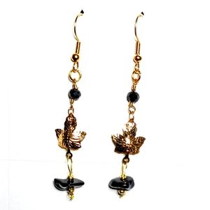 Handcrafted Fall Maple Leaf and Black Obsidian Chip Earrings